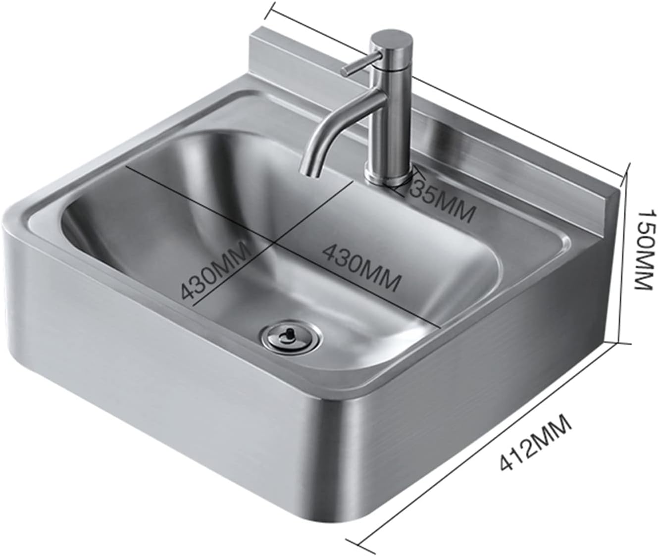 Stainless Steel Sink, Wall-Mounted Single Bowl Sink, Wash Basin Thick Small Sink for RV, Campervan,Silver-B (43x41.2x15cm)