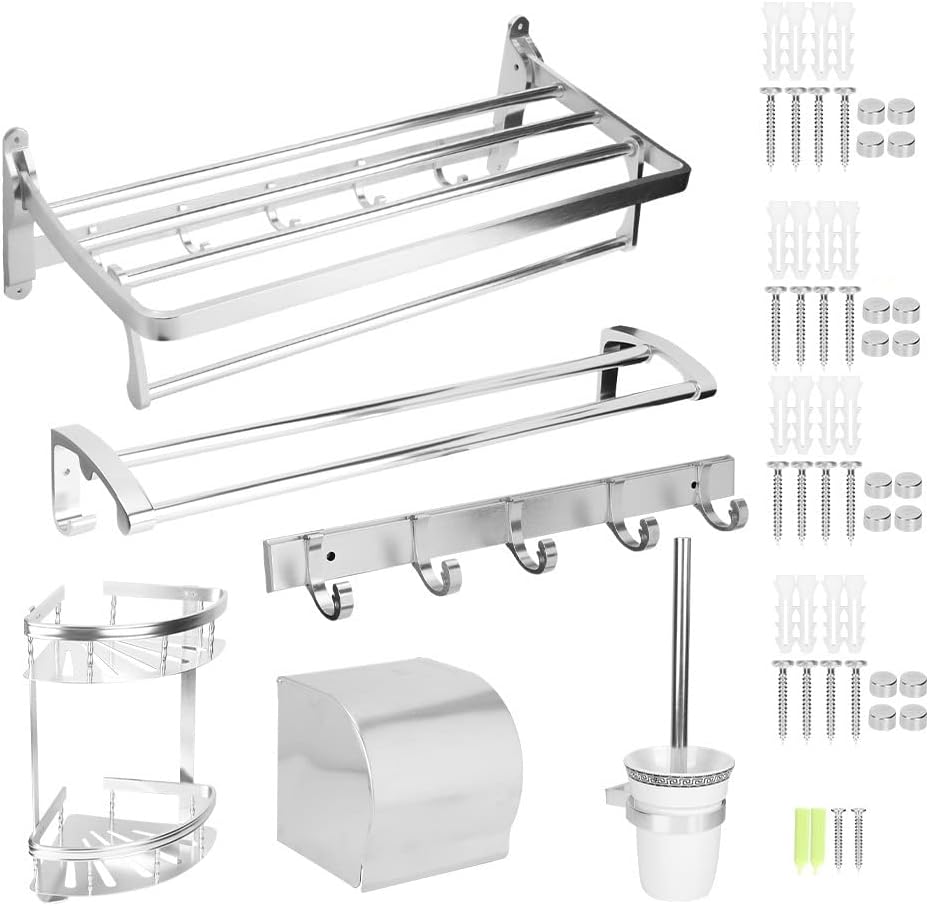 Floating Shelves Shower Caddy Bathroom Shelf Wall Mounted Bathroom Storage Shelf Set Triangle Corner Bracket Towel Bar Rack Roller Paper Holder Tissue Box Toilet Brush