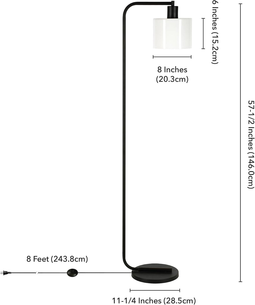 Henn&Hart 57'' Industrial 1-Light Floor Lamp with White Glass Drum Shade for Living Room, Bedroom, or Office, Black