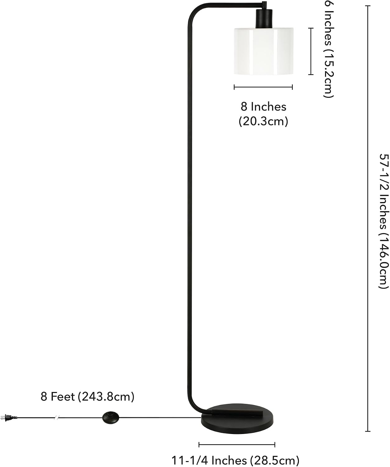 Henn&Hart 57'' Industrial 1-Light Floor Lamp with White Glass Drum Shade for Living Room, Bedroom, or Office, Black