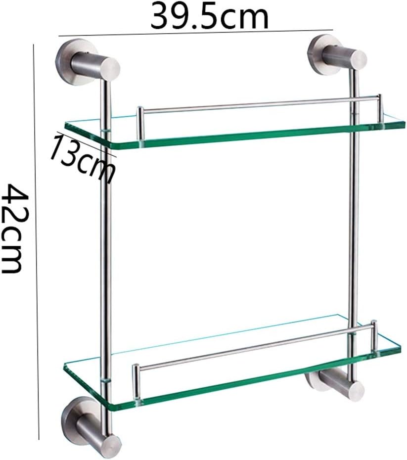 Shower Organiser Tempered Glass Stainless Steel 2 Tiers Guardrail Wall-Mounted Good Gloss (Color : Silver, Size : 39.5x13x42cm)