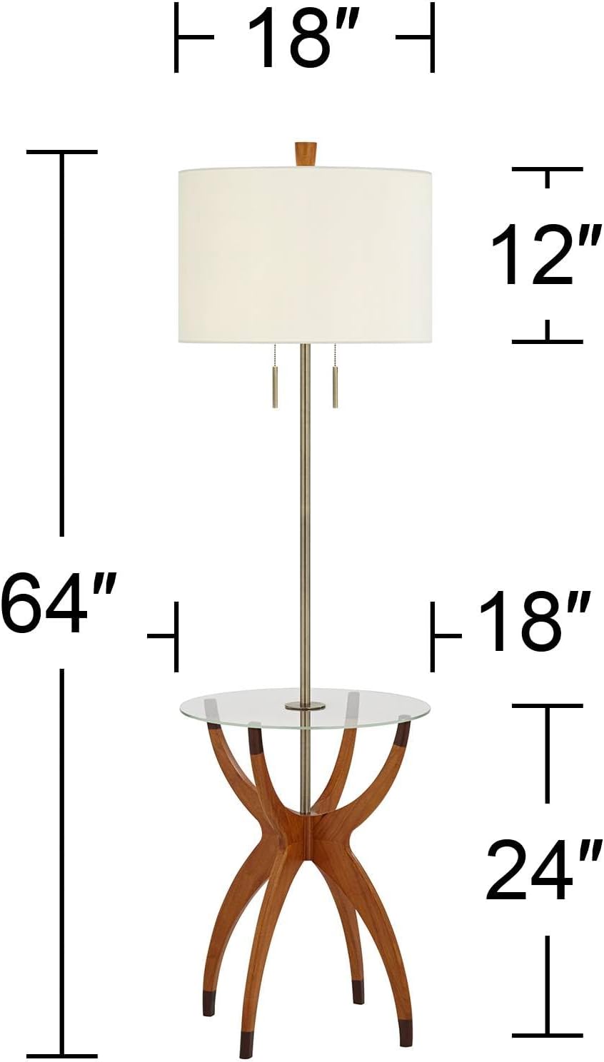 Possini Euro Design Vanguard Mid Century Modern 64' Tall Standing Floor Lamp Tray Table Pull Chain Brown Gold Wood Metal Brass Finish Living Room Bedroom House Reading Office Home Decor Entryway
