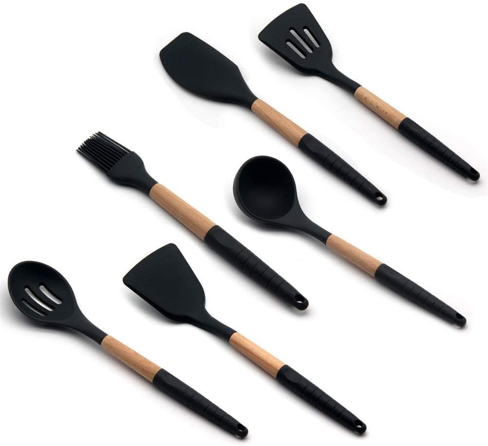 Kitchen Utensils Set,Silicone Wood Soup Spoon Spatula Brush Scraper Black Kitchen Cooking Tools Kitchenware Kitchen Utensil Storage Box (Color : 6PCS) (Color : 6pcs)