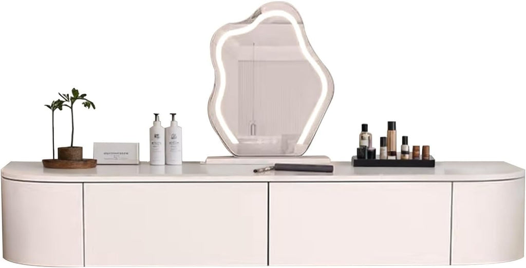 Corner Floating Desk with Drawers, Floating Vanity Makeup Table, Small Wall Mounted Floating Dressing Table Wall Storage Set, Wood Floating Shelf with Drawers, Modern White Vanity with Lighted Mirror(