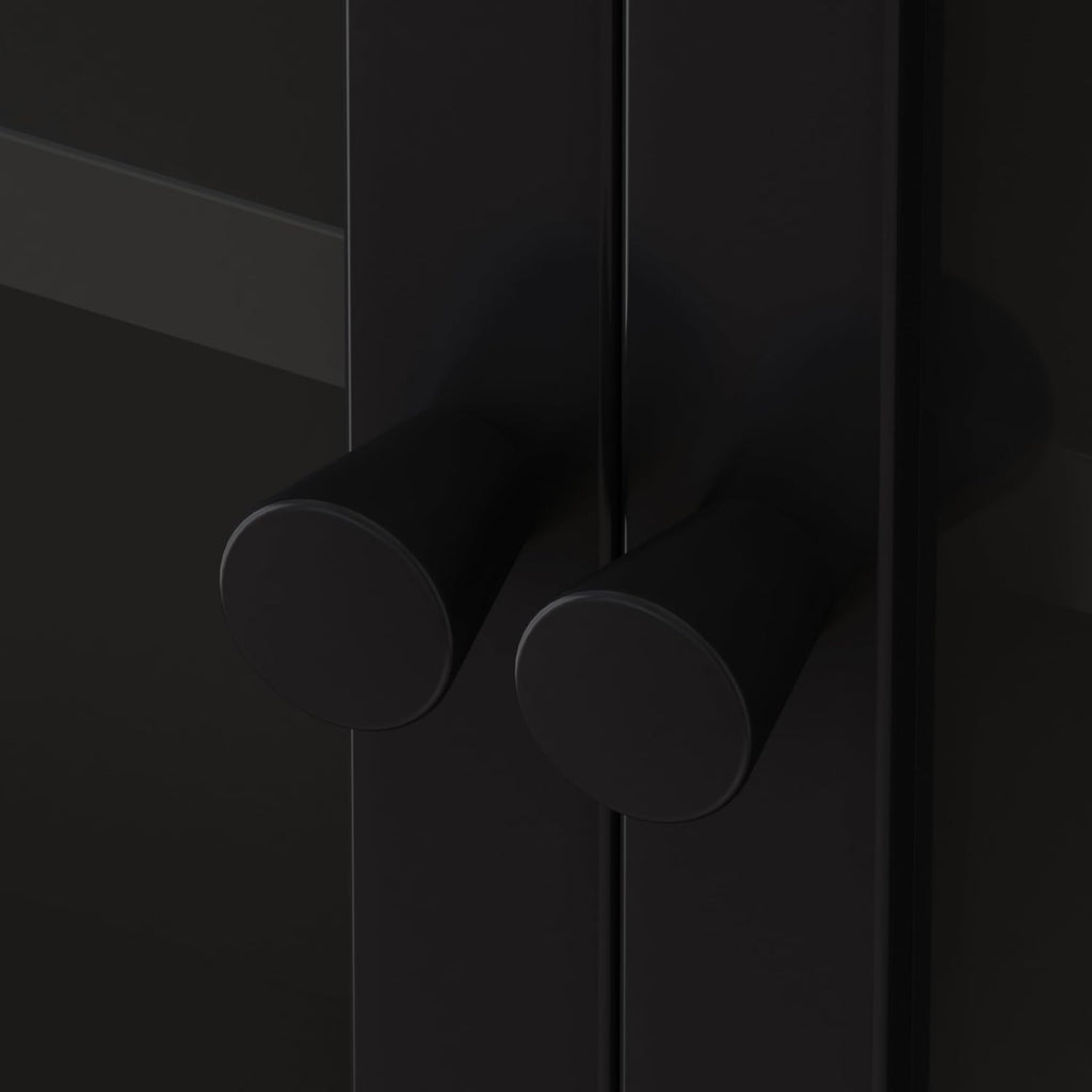 Retro Style Tempering Glass Door Wall Cabinet with Detachable Shelves and Open Shelves，for Office Dining Room,Living Room, Kitchen and Bathroom.Black