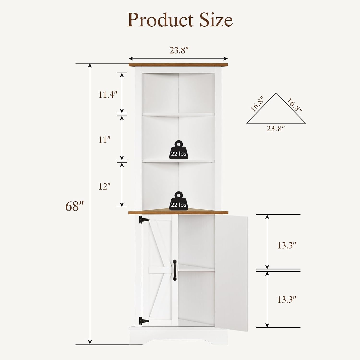 4 EVER WINNER Farmhosue Corner Cabinet, 68' Tall Corner Storage Cabinet with 5-Tier Adjustable Shelves and Barn Doors for Small Space, Living Room, Dining Room, Hallway, Bathroom, Kitchen, White