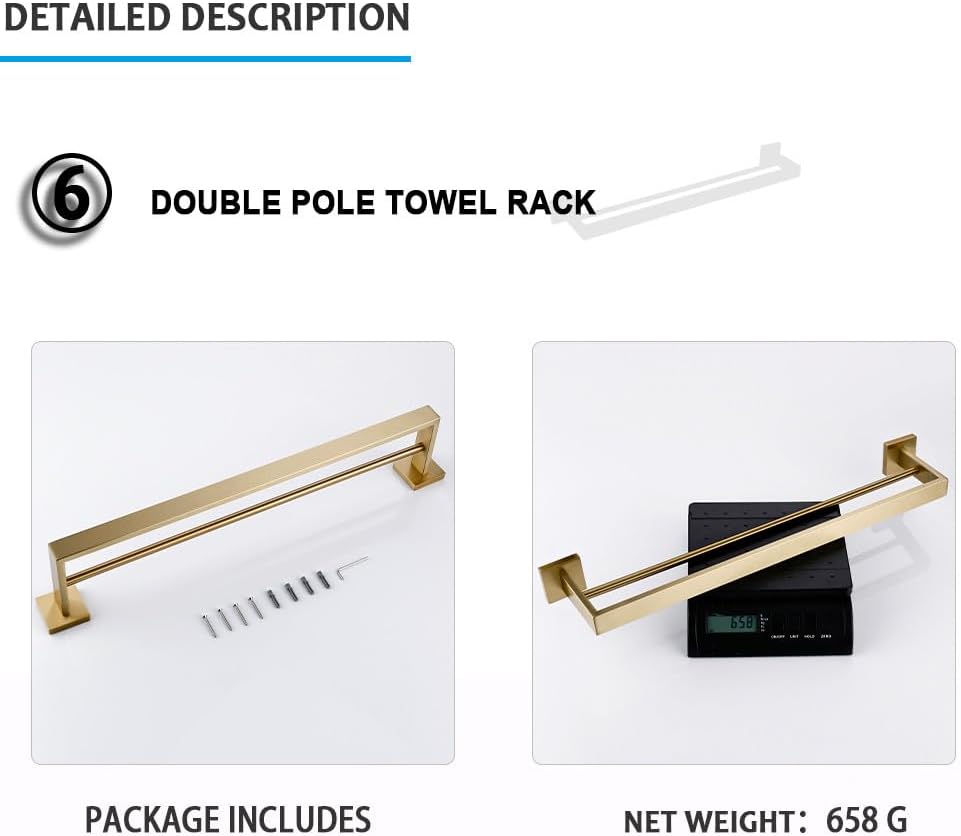 Brushed Gold Bathroom Accessories Set Toilet Brush Holder Toilet Paper Holder Towel Bar Rail Rack Hanger Hook Soap Dish Hardware,Double Towel Bar 560