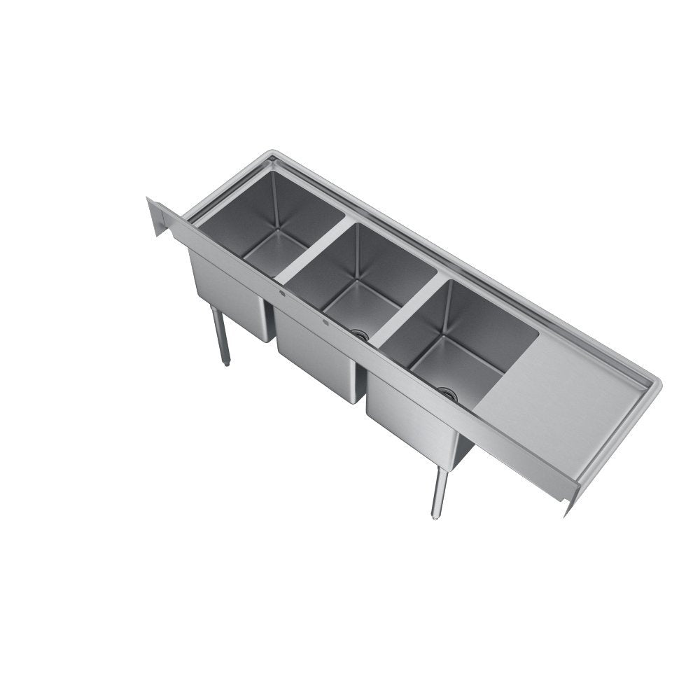 Elkay Foodservice 3 Compartment Sink, 48.5'X19.75' OA, 36' Working Height, 10X14 Bowl, 10 Deep, 10.75' Backsplash, Left 12 Drainboards, 8' Faucet Hole, Galvinized Legs, 16 Gauge Stainless Steel