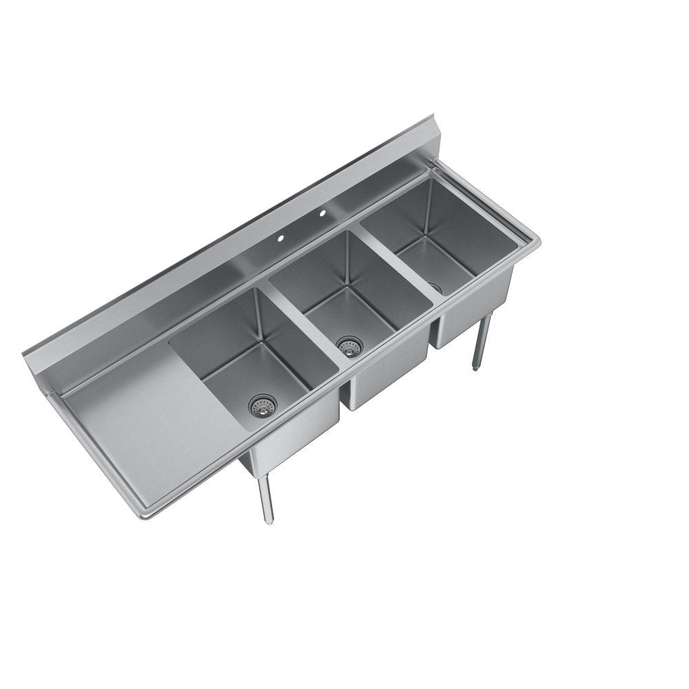 Elkay Foodservice 3 Compartment Sink, 58.5'X29.75' OA, 36' Working Height, 18X24 Bowl, 14 Deep, 9.75' Backsplash, Left 18' Drainboards, 8' On Center Faucet Hole, Galvinized Legs, Adjustable Feet, 16 Gauge 300 Series Stainless Steel, NSF Certified