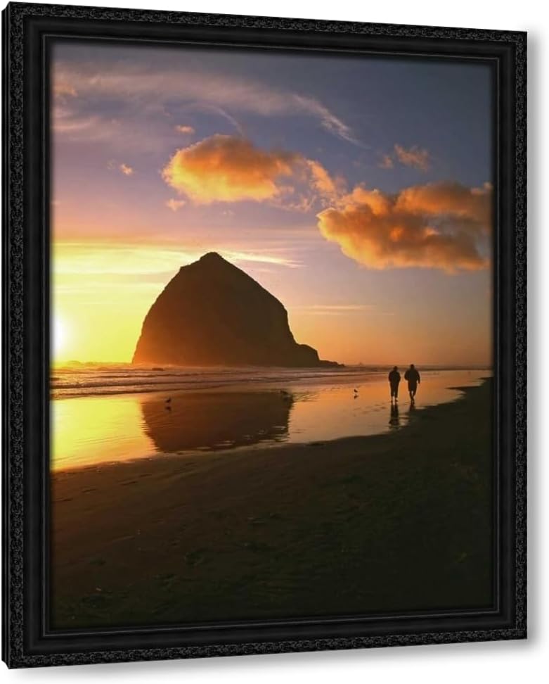 Terrill, Steve 19x24 Black Ornate Framed Canvas Art Print Titled: OR, Cannon Beach Couple by Haystack Rock, sunset