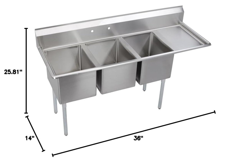 Elkay Foodservice 3 Compartment Sink, 54.5'X25.75' OA, 36' Working Height, 16X20 Bowl, 14 Deep, 9.75' Backsplash, Right 18' Drainboards, 8' On Center Faucet Hole, Galvinized Legs, Adjustable Feet, 16 Gauge 300 Series Stainless Steel, NSF Certified