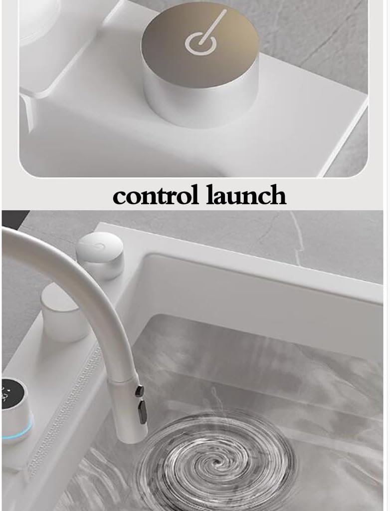 Single Bowl White Smart Digital Display Waterfall Sink Stainless Steel Single Bowl Sink Apartment Kitchen Dishwashiwater Pool Siphon Sink (68 * 45 * 23Cm