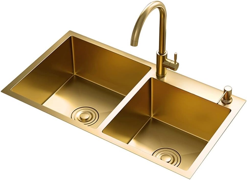 Large Gold Double Bowl Bar Prep Sink Home 304 Stainless Steel Kitchen Sink RV Sink Drop-in Or Undermount (Color : Gold-1, Size : 80x45x22cm) (Gold2 78x43x22cm)