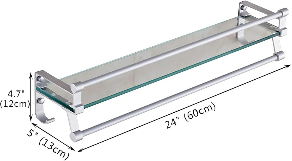 Bathroom Shelf with Hand Towel Bar Wall Mounted Tempered Glass Shower Storage European Retro Floating Shelf for Kitchen Drill Free Shower Caddy Silver 20in (Silver 24in)