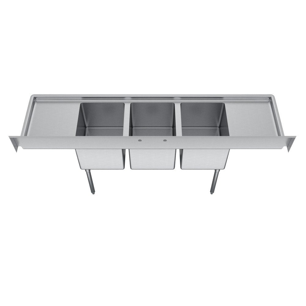 Elkay Foodservice 3 Compartment Sink, 104'X33.75' OA, 36' Working Height, 20X28 Bowl, 12 Deep, 10.75' Backsplash, Left & Right 20 Drainboards, 8' On Center Faucet Hole, Galvinized Legs, Adjustable Feet, 16 Gauge 300 Series Stainless Steel, NSF Certified