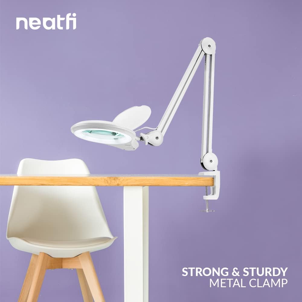 Neatfi LED Bifocal Magnifying Lamp 1,200 Lumens – 5' Glass Lens, Dual Magnification 2.25X/6X, Dimmable | Adjustable Arm with Clamp | Crafting, Jewelry & Reading (5 Diopter + 20 Diopter, White)