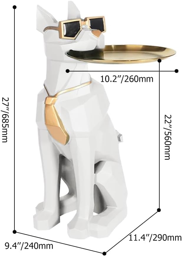homary Modern Resin Dog Sculpture Geometric Standing Statue Cute End Side Table with Metal Storage Tray Tissue Box (White)