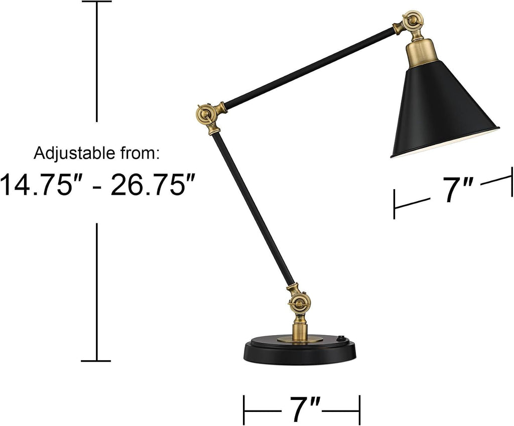 360 Lighting Wray 26 3/4' High Modern Adjustable Desk Lamp with USB Charging Ports A+C Painted Black Brass Metal Cone Shade for Living Room Bedroom House Bedside Nightstand Home Office Reading