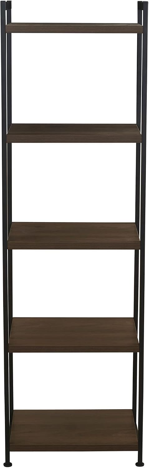 Household Essentials Narrow 5‑Shelf Open Storage Bookshelf, Mid‑Century Walnut Wood Grain with Black Metal Frame