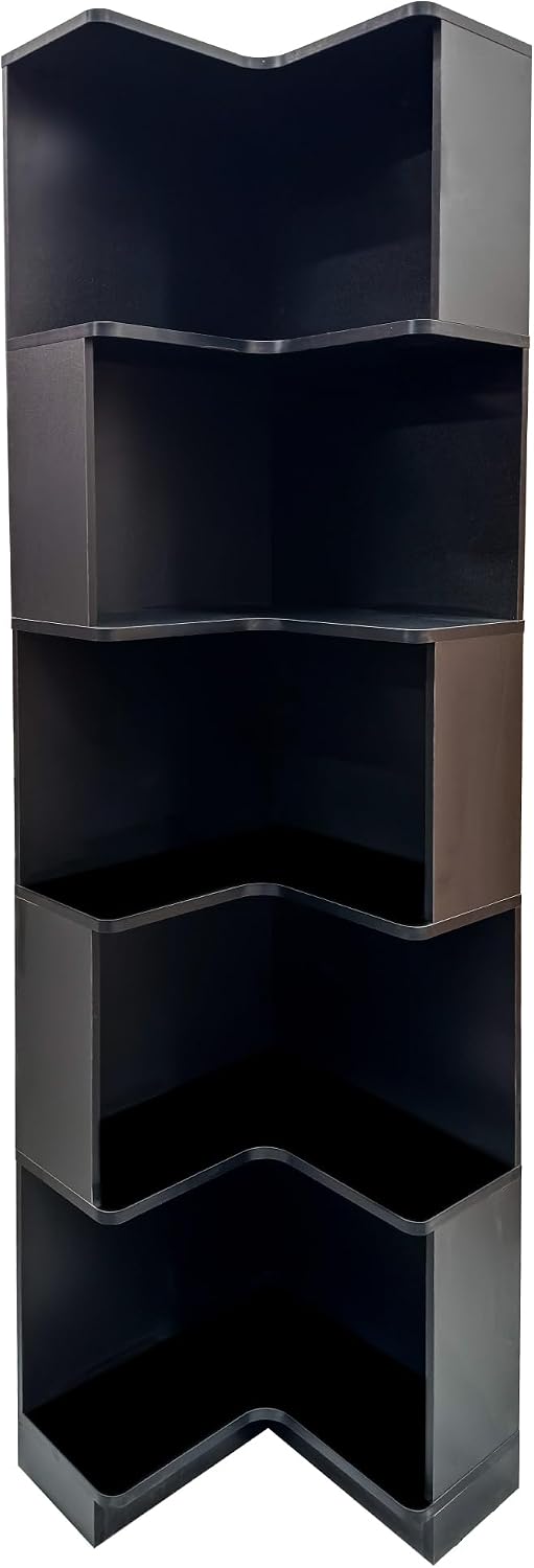 5-Tier Corner Bookshelf with LED Lights, Farmhouse Corner Shelf with Storage and Baffle, Freestanding L-Shaped Bookcase for Home Office Living Room Apartment, Black