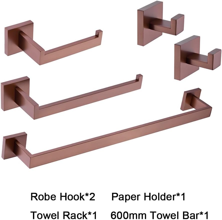 Bathroom Hardware Set Accessories Stainless Steel Black Shelf Robe Hook Hanger Long Towel Rail Bar Rack Tissue Paper Holder,5 Pieces Rose