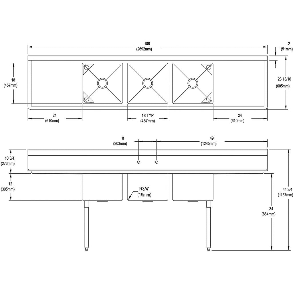 Elkay Dependabilt Stainless Steel 106' x 23-13/16' x 44-3/4' 16 Gauge Three Compartment Sink w/ 24' Left and Right Drainboards & Stainless Steel Legs