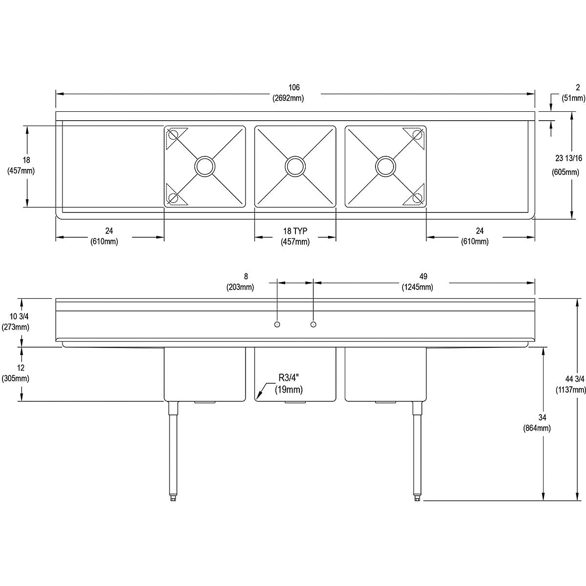 Elkay Dependabilt Stainless Steel 106' x 23-13/16' x 44-3/4' 16 Gauge Three Compartment Sink w/ 24' Left and Right Drainboards & Stainless Steel Legs