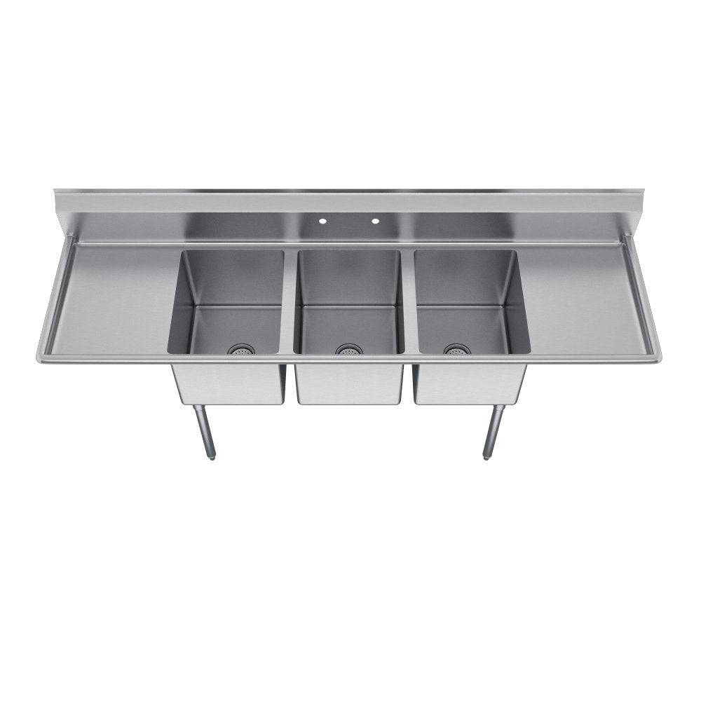 Elkay Foodservice 3 Compartment Sink, 58'X19.75' OA, 36' Working Height, 10X14 Bowl, 10 Deep, 10.75' Backsplash, Left & Right 12 Drainboards, 8' On Center Faucet Hole, Galvinized Legs, Adjustable Feet, 16 Gauge 300 Series Stainless Steel, NSF Certified