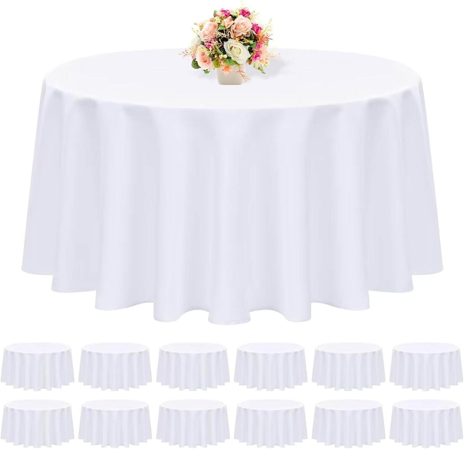 12 Pack 108 Inch White Polyester Round Tablecloths - Premium Stain & Wrinkle Resistant, Ideal for Weddings, Banquets, Parties