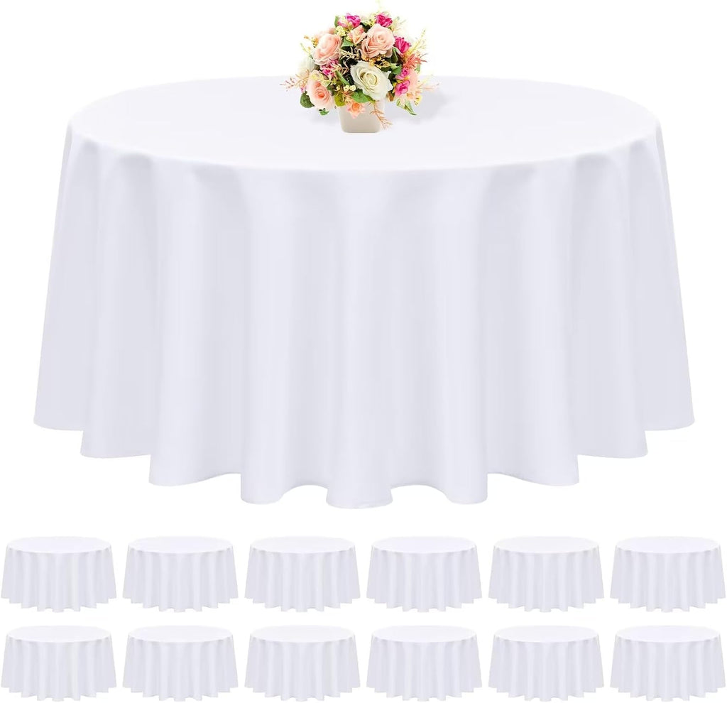 12 Pack White Round Tablecloth 120 Inch - Polyester Table Cloth for Round Tables, Premium Circle Tablecloth Linens Washable Fabric Bulk Table Cover for Wedding Party Banquet Restaurant Reception