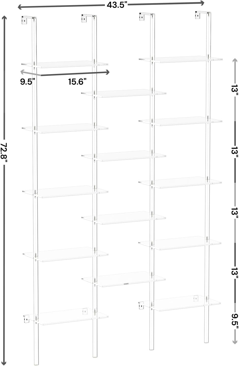 Acrylic Bookshelf, Wall Mounted, 5-Tier Clear Ladder Bookshelf with 14 Open Shelves, Multipurpose Bookcase for Living Room, Bathroom, Office, Modern, 9.5' D x 43.5' W x 72.8' H
