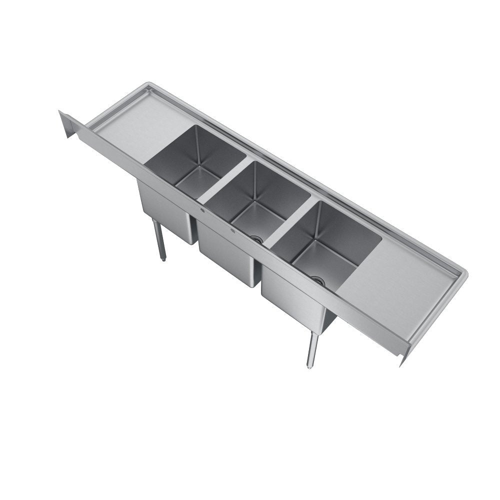 Elkay Foodservice 3 Compartment Sink, 100'X25.75' OA, 36' Working Height, 16X20 Bowl, 14 Deep, 9.75' Backsplash, Left & Right 24' Drainboards, 8' On Center Faucet Hole, Galvinized Legs, Adjustable Feet, 16 Gauge 300 Series Stainless Steel, NSF Certified