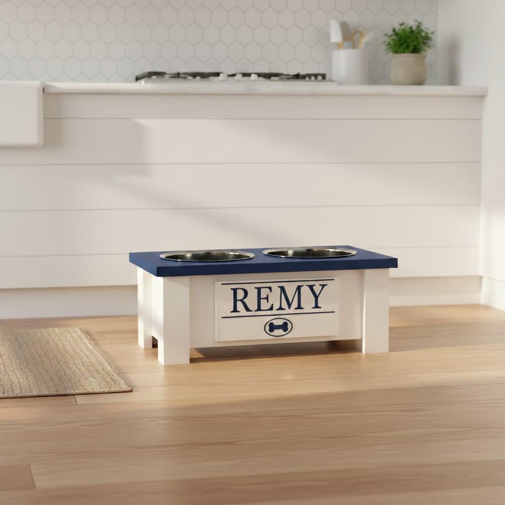 GTW Elevated Dog Bowl Stand for Small Dogs - Customized Feeding Station with Storage & Stainless Steel Food Bowls (Small, Blue)