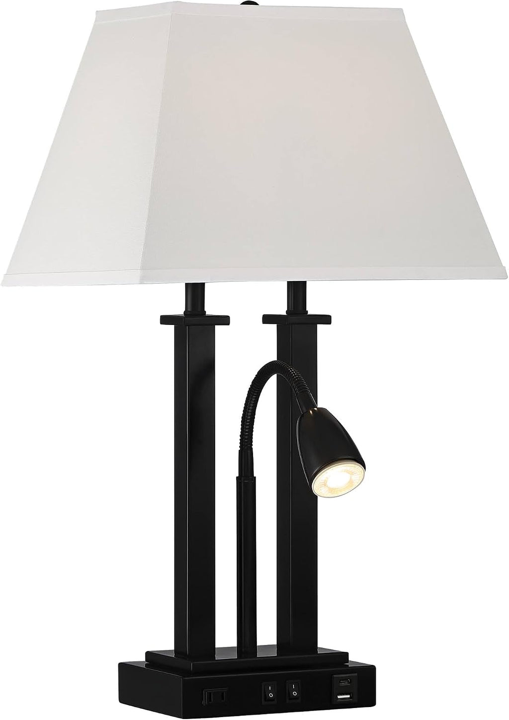 Possini Euro Design Deacon 26' High Modern Gooseneck Desk Lamp with USB Charging Ports A+C and AC Outlet LED Black Metal Oatmeal Linen Fabric Shade for Living Room Bedroom House Bedside Nightstand