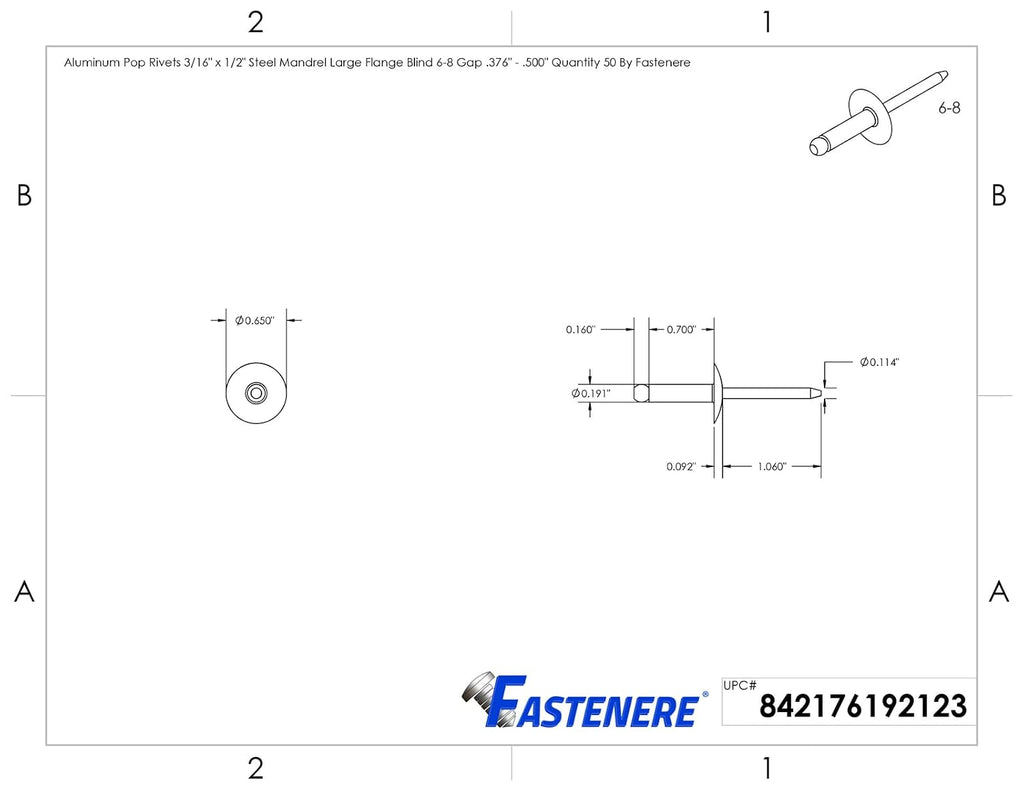 DIY Man - Large Flange Pop Rivets 3/16' x 1/2' Aluminum Body Steel Mandrel (6-8) Quantity 500 D&J