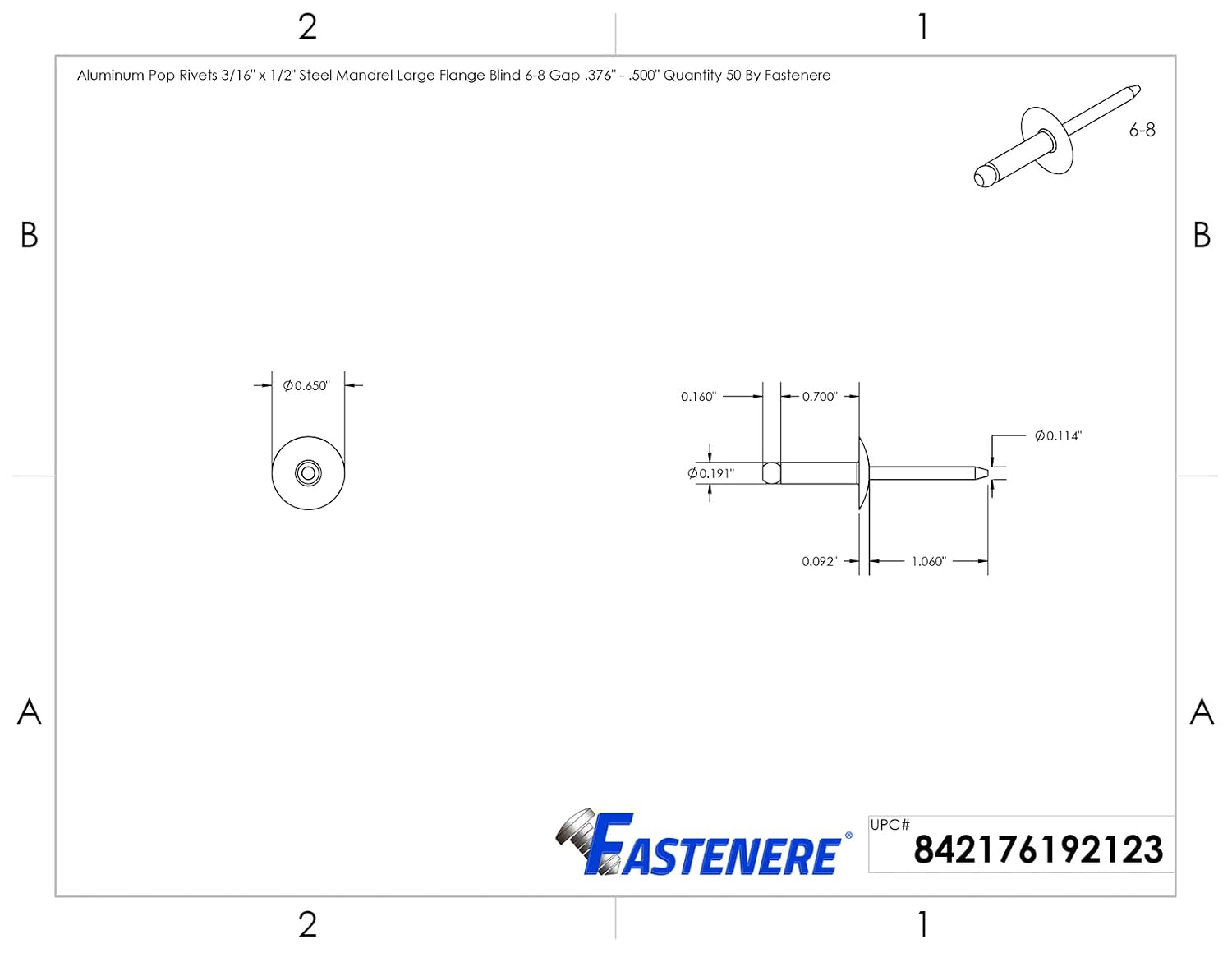 DIY Man - Large Flange Pop Rivets 3/16' x 1/2' Aluminum Body Steel Mandrel (6-8) Quantity 500 D&J