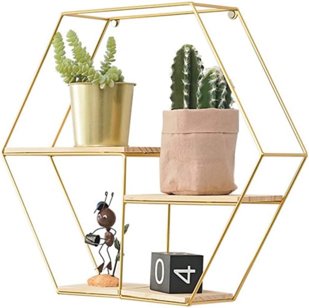 Cabilock Wall Mounted Shelves Floating Shelves Hanging Rack Shelf Rustic Flower Vase Hexagon Hive Wall Bracket for Living Room Bedroom Bathroom Kitchen Office Decorations 49 x 49 x 13 cm Metal Shelf