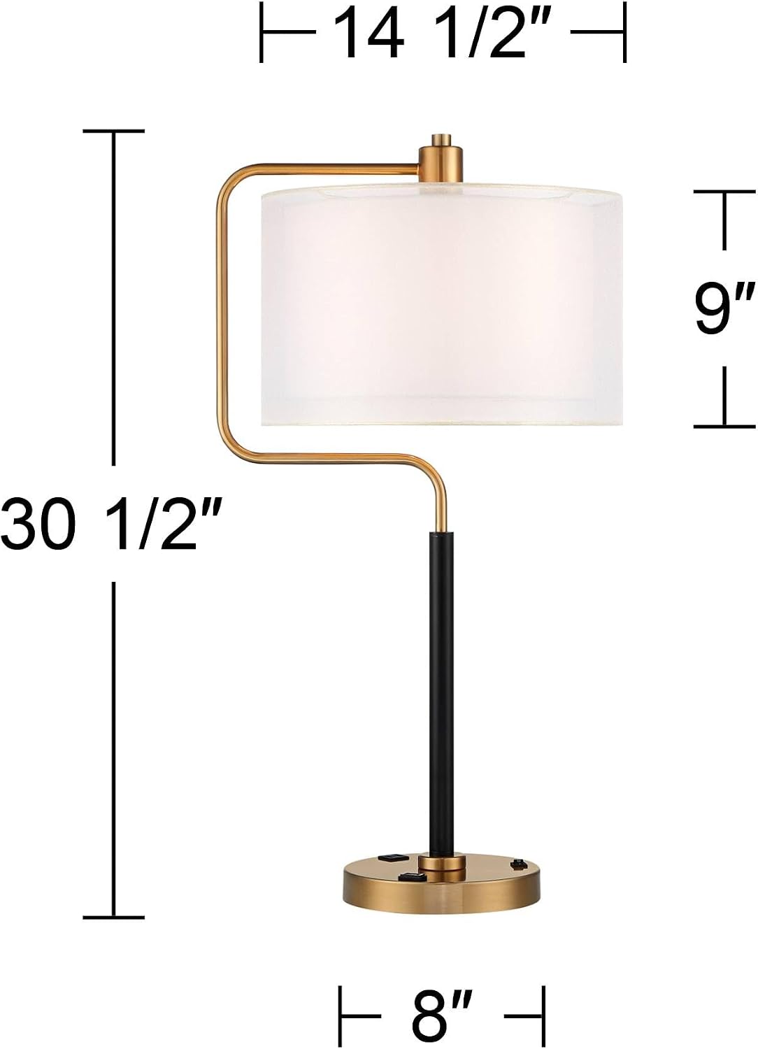 Possini Euro Design Carlyle 30 1/2' Tall Large Mid Century Modern Glam Luxe Desk Lamps Set of 2 USB Port AC Power Outlet Gold Black Metal White Shade Home Office Living Room Charging Bedroom Bedside