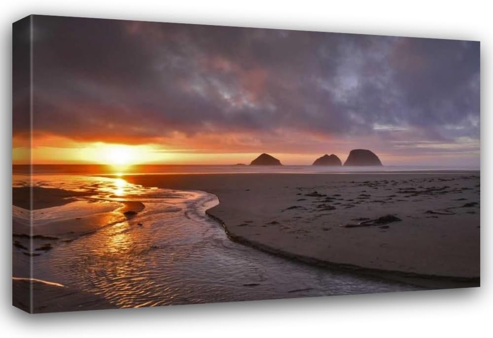 Terrill, Steve 40x27 Large Gallery Wrapped Stretched Canvas Art Titled: Oregon, Oceanside Sunset on Three Arch Rocks