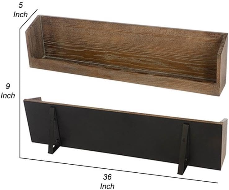 Pemberly Row 36' Wine Rack Display Shelf Set, Brown Wood & Black Metal, Wall-Mounted, Rectangular Design, Trimmed Corners, Industrial Style, Dining Bar Kitchen Decor, Set of 2