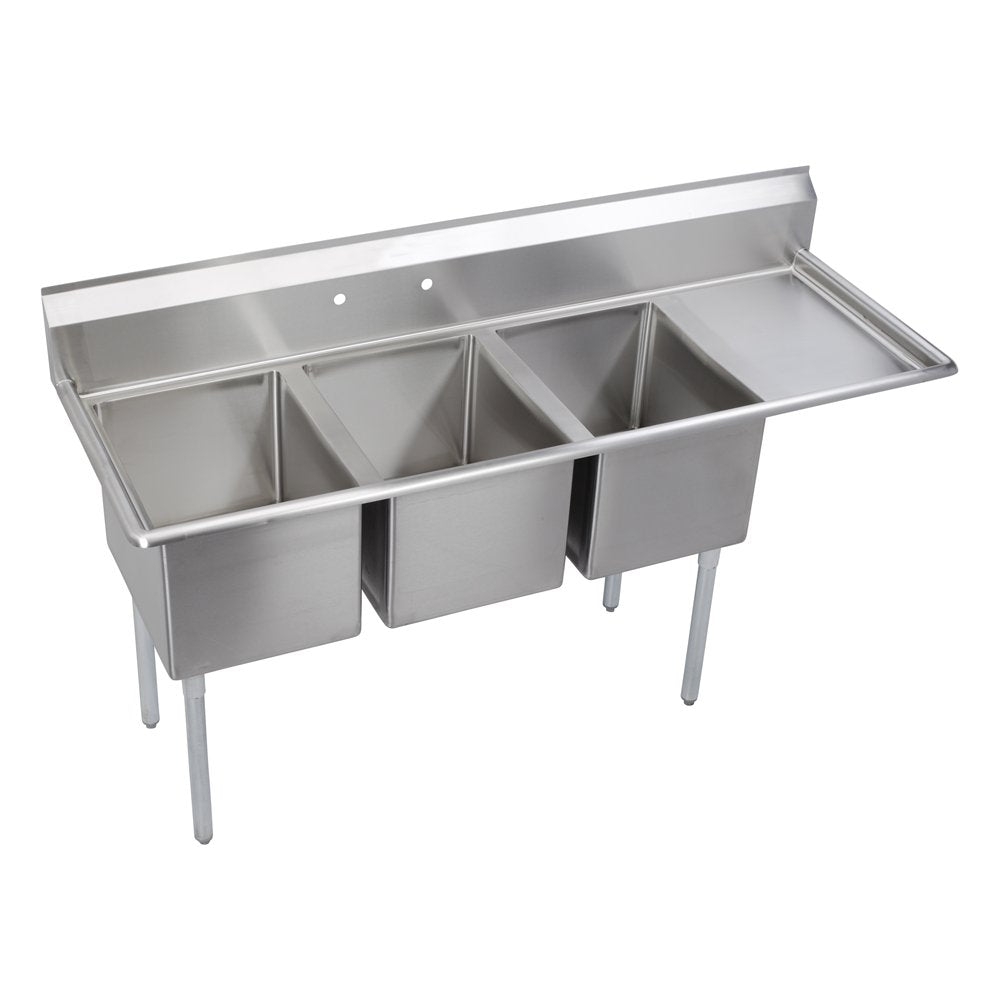 Elkay Foodservice 3 Compartment Sink, 76.5'X29.75' OA, 36' Working Height, 24X24 Bowl, 14 Deep, 9.75' Backsplash, Right 24' Drainboards, 8' On Center Faucet Hole, Galvinized Legs, Adjustable Feet, 16 Gauge 300 Series Stainless Steel, NSF Certified