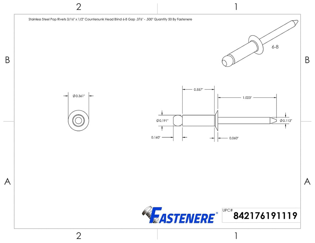 DIY Man - Stainless Steel Pop Rivets 3/16' x 1/2' Flat Countersunk Head Blind 6-8 Quantity 250 D&J