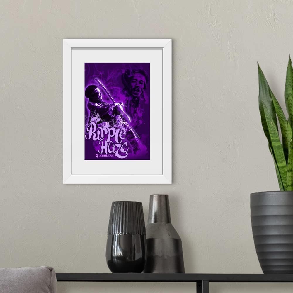 GREATBIGCANVAS Jimi Hendrix Purple Haze 4 White Framed Wall Art Print, Classic Rock Artwork