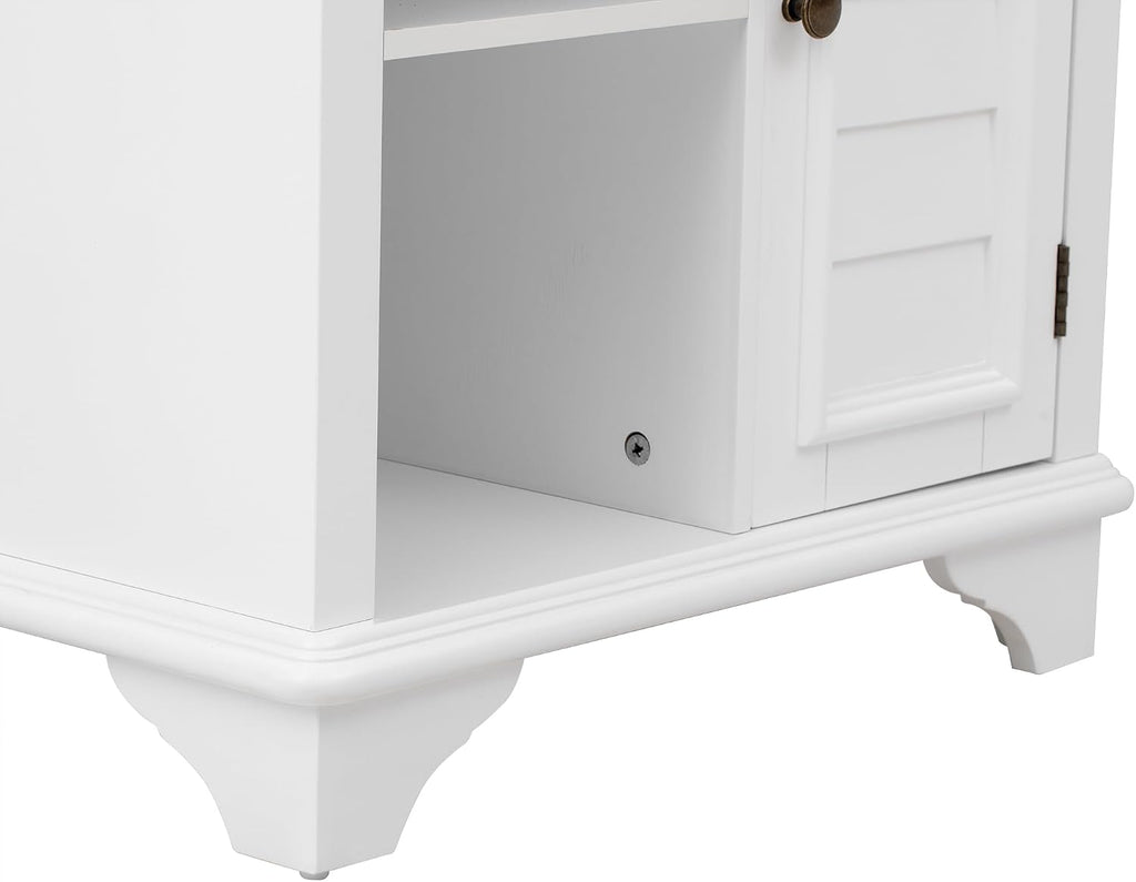 Multifunctional End Table Side Table with a Shutter Style Door and 2 Woven Grass Baskets, Sofa Side Narrow Table, Wood Bedside Nightstand for Living Room Bedroom (White-4.7)