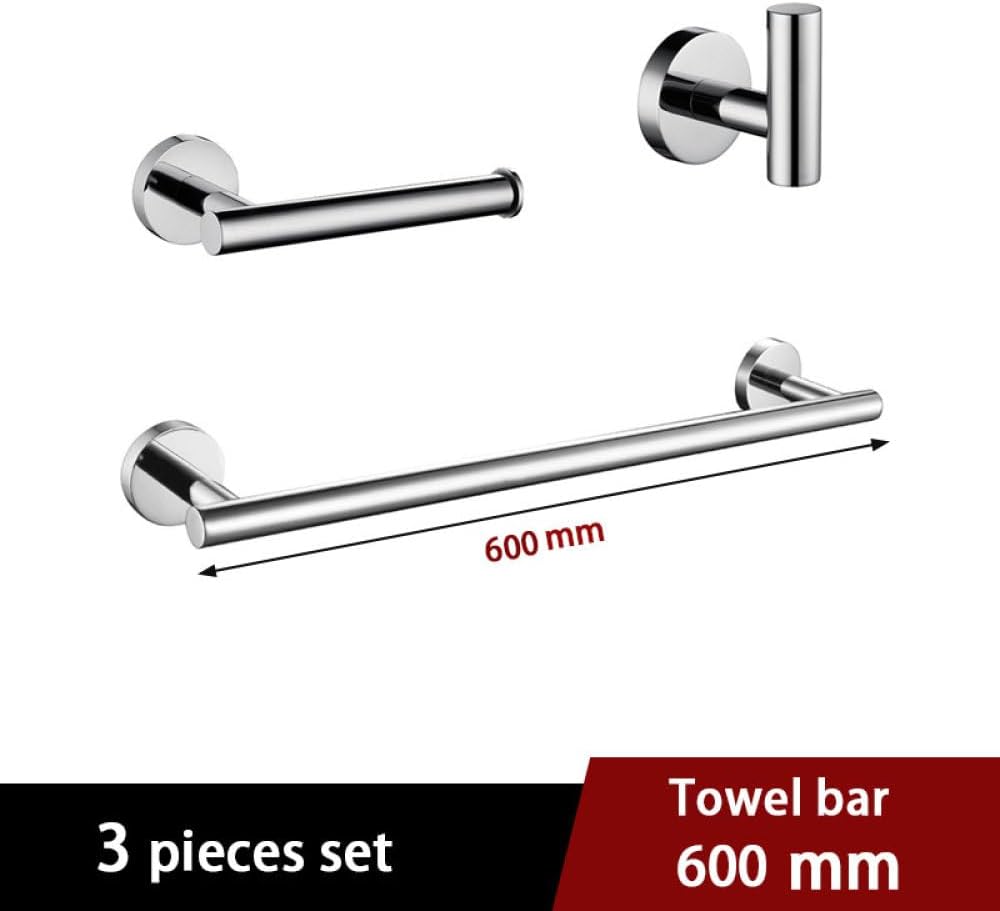 Bathroom Hardware Set Round Towel Bar Toilet Paper Holder Towel Ring Robe Hook Stainless Steel,3 Piece kit 60cm