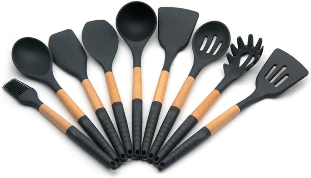 Kitchen Utensils Set,Silicone Wood Soup Spoon Spatula Brush Scraper Black Kitchen Cooking Tools Kitchenware Kitchen Utensil Storage Box (Color : 6PCS) (Color : 9pcs)