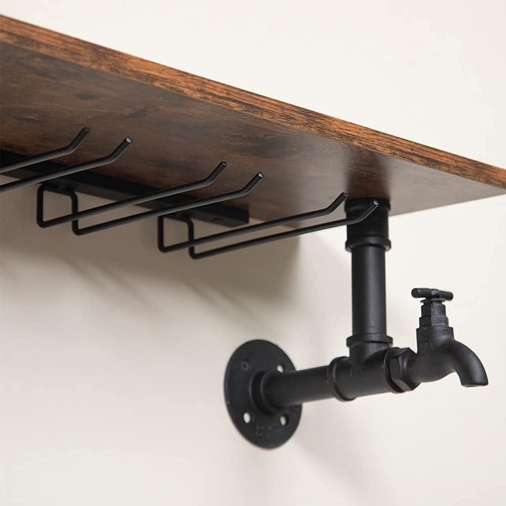 Industrial Pipe Shelves Wine Rack Wall Mounted with 4 Stem Glass Holder,Bar Shelves 39in Metal Hanging Wine Rack, Rustic Floating Pipe Shelf, Living Room Kitchen Decor Display Rack