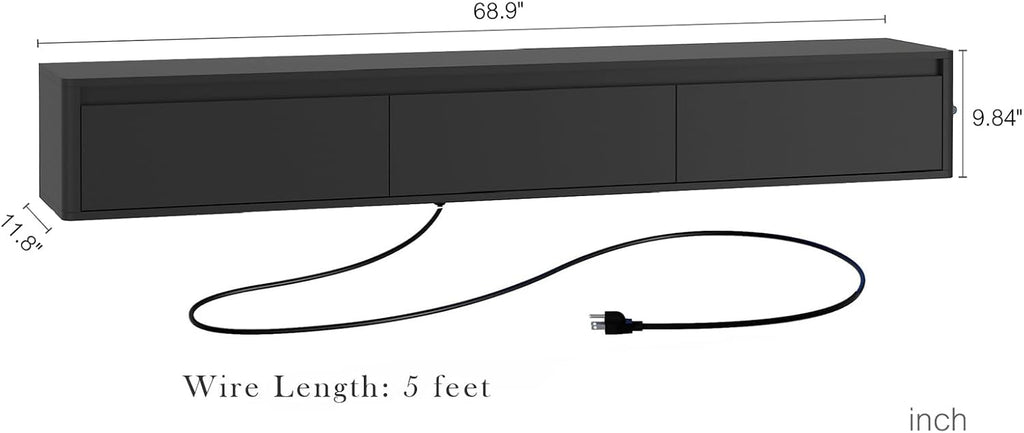 Floating TV Stand, Wall Mounted TV Shelf with LED Lights & Power Outlet, 69' Modern Entertainment Center Media Console with Storage, High Gloss TV Cabinet for Living Room（Black）
