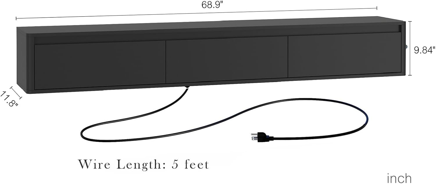 Floating TV Stand, Wall Mounted TV Shelf with LED Lights & Power Outlet, 69' Modern Entertainment Center Media Console with Storage, High Gloss TV Cabinet for Living Room（Black）