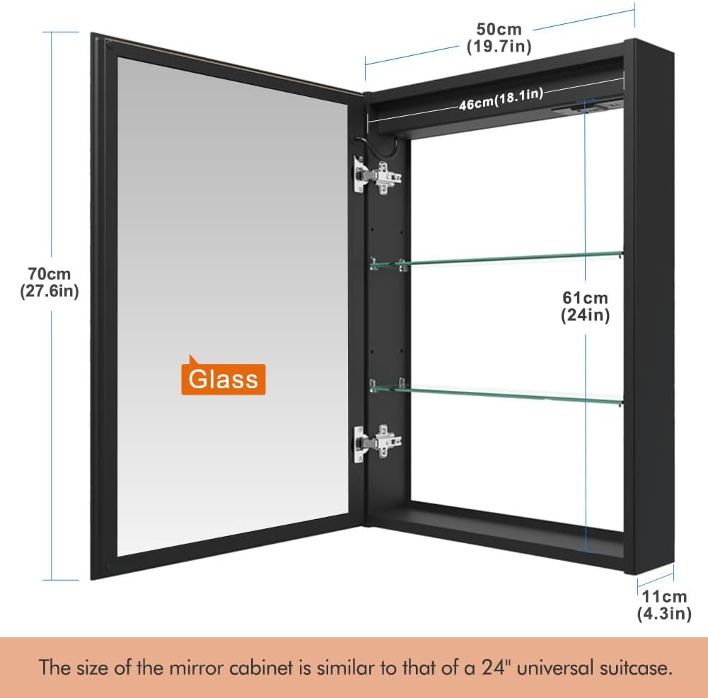 KWW LED Lighted Bathroom Medicine Cabinet with Sockets & USBs, Defogger, Dimmable, 3 Color Light Makeup Mirror, Easy to Install, Wall Mounted Cabinet (Right hinge-20 * 28)